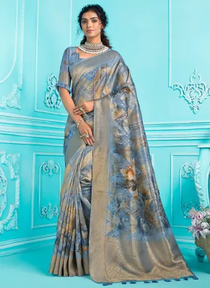 Blue Floral Digital Printed Organza Silk Saree