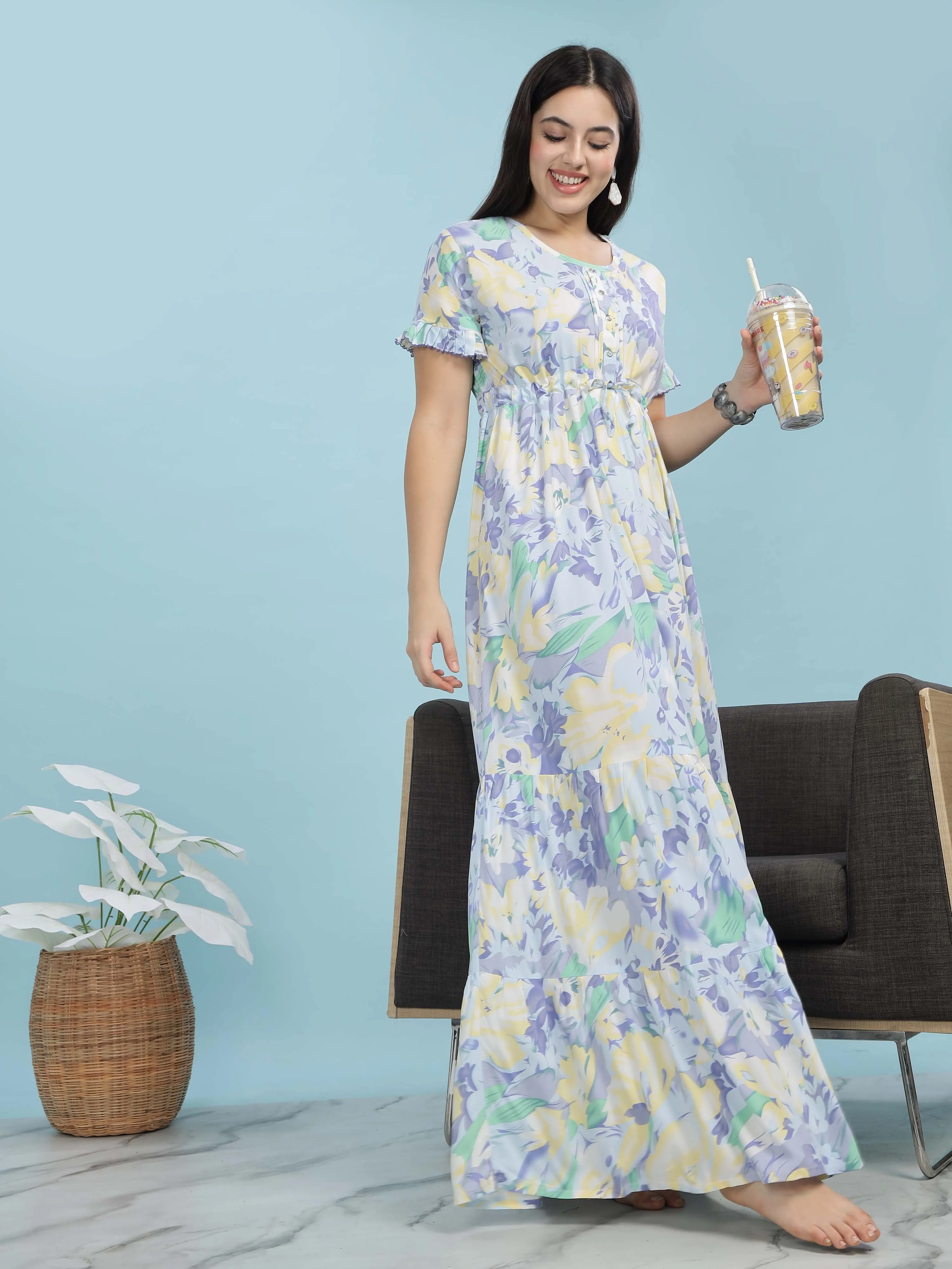 Blue Floral Frock Style Nighty Soft Rayon Comfort