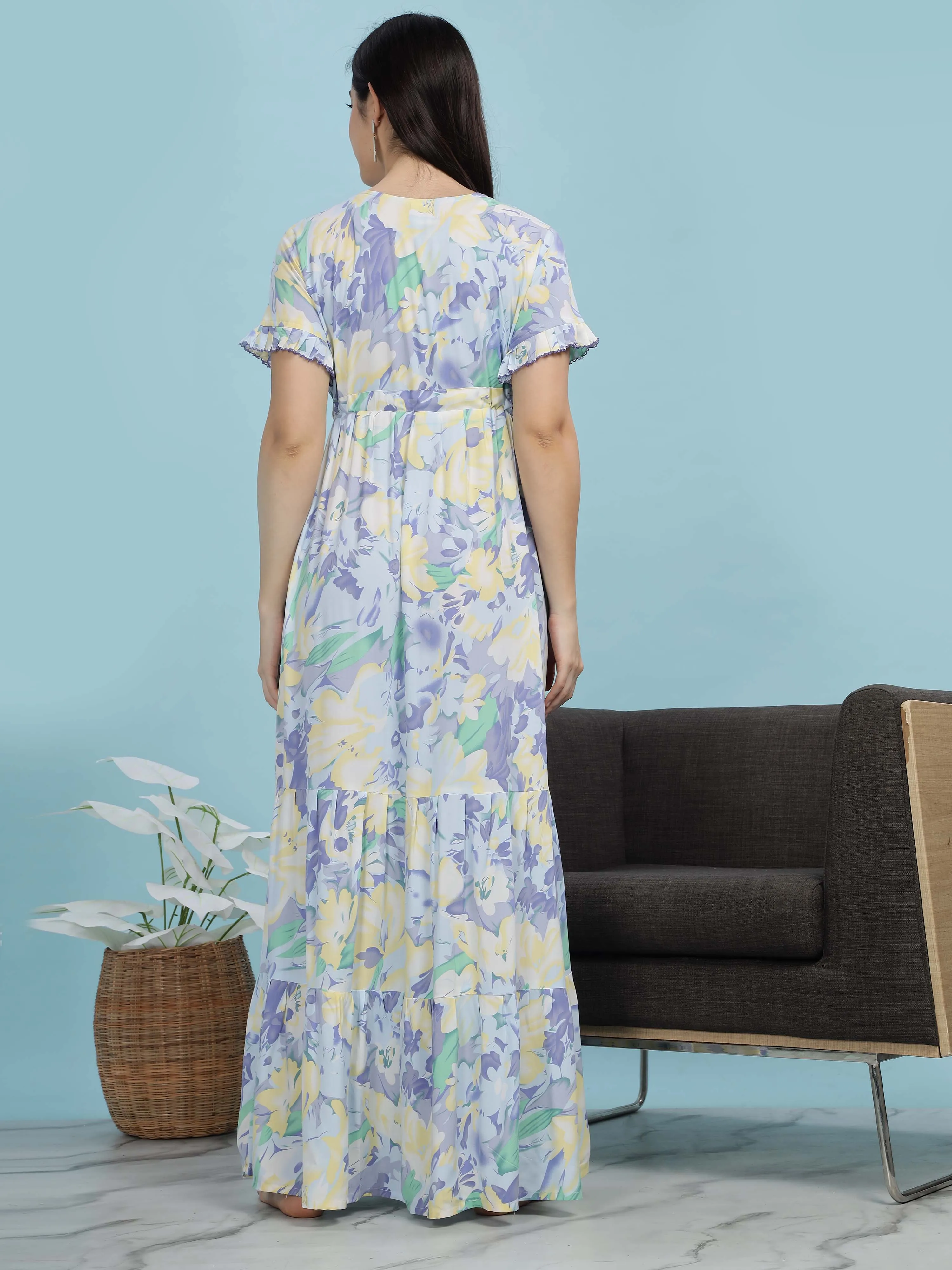 Blue Floral Frock Style Nighty Soft Rayon Comfort