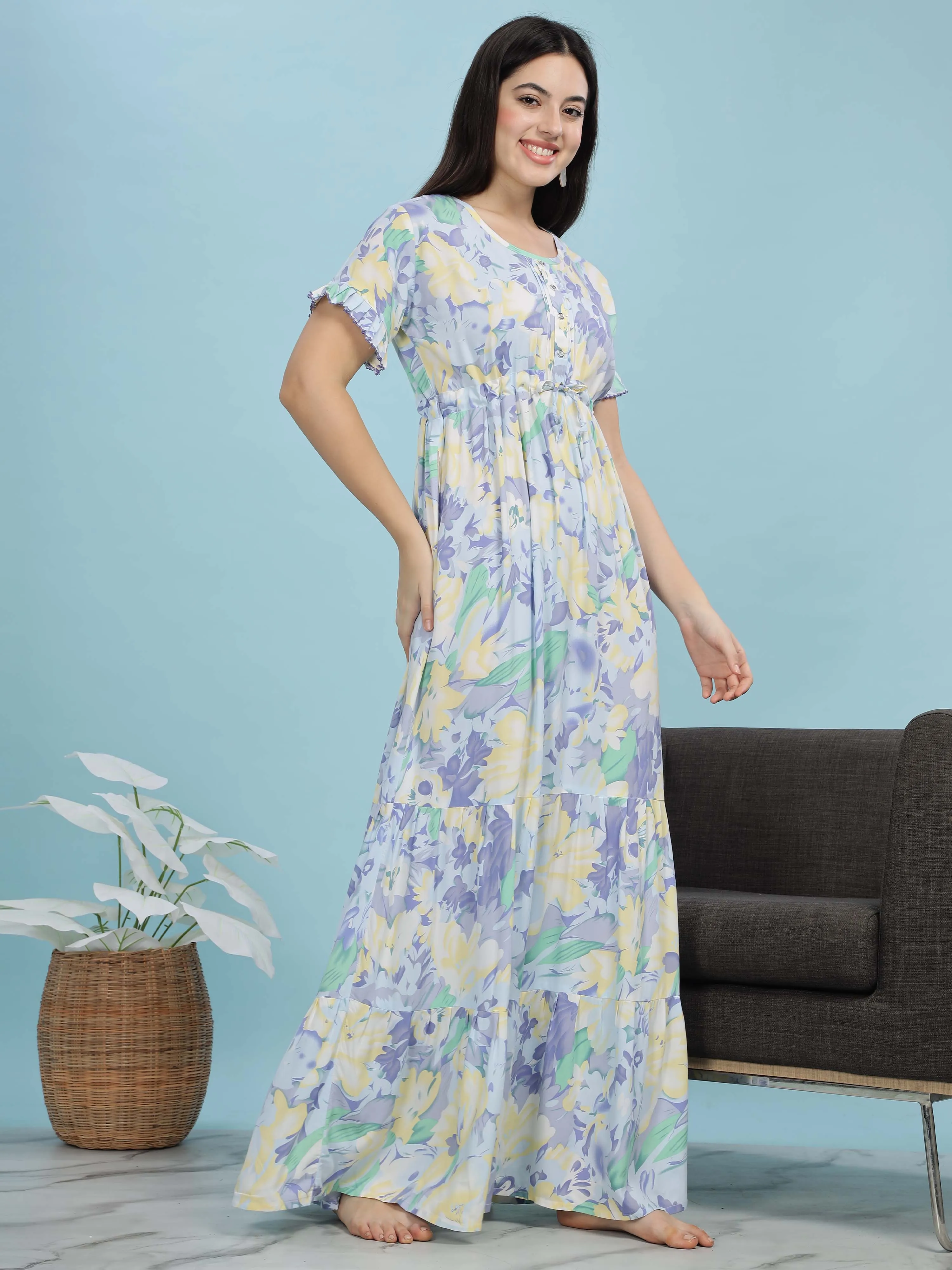 Blue Floral Frock Style Nighty Soft Rayon Comfort