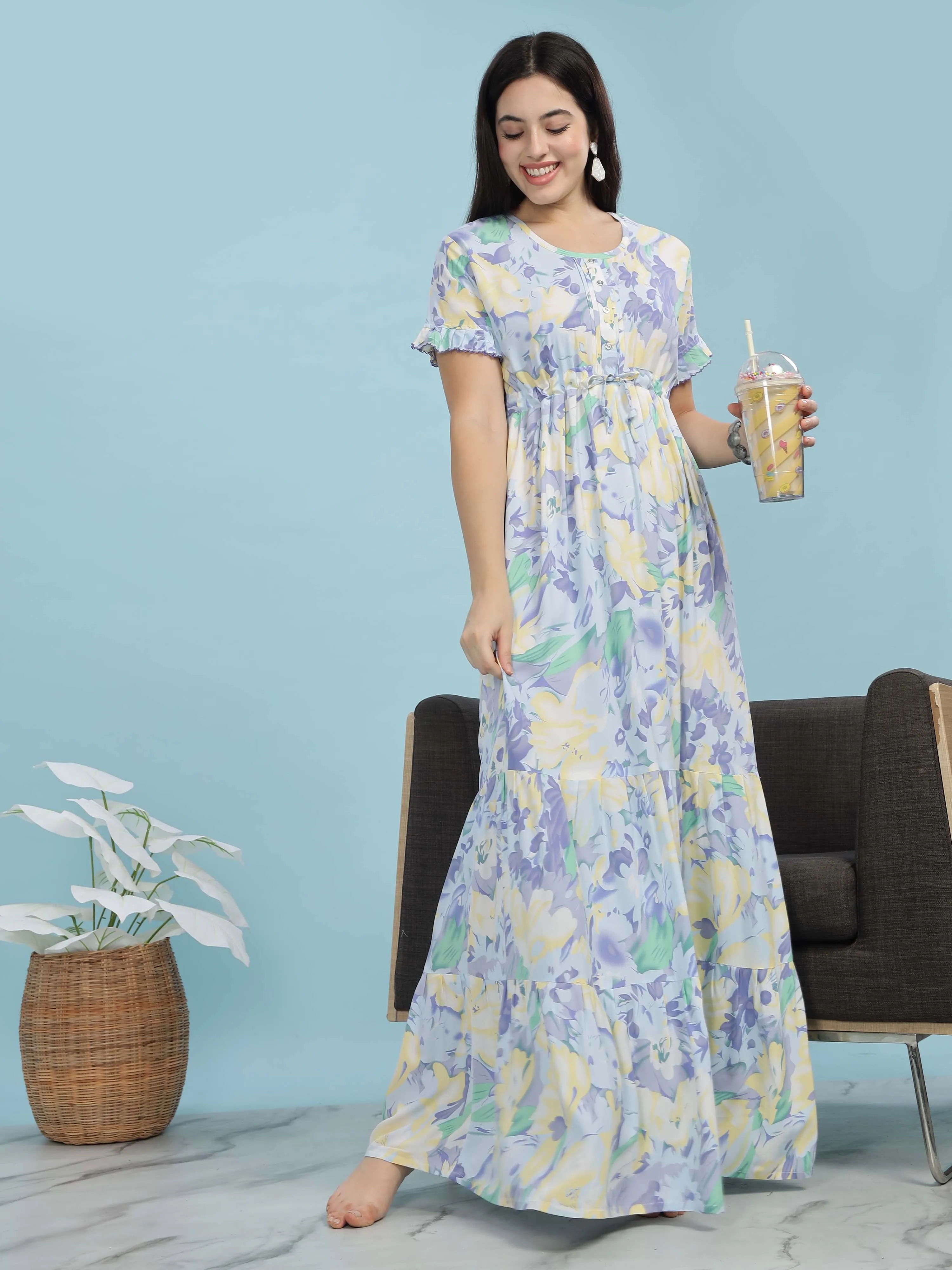 Blue Floral Frock Style Nighty Soft Rayon Comfort