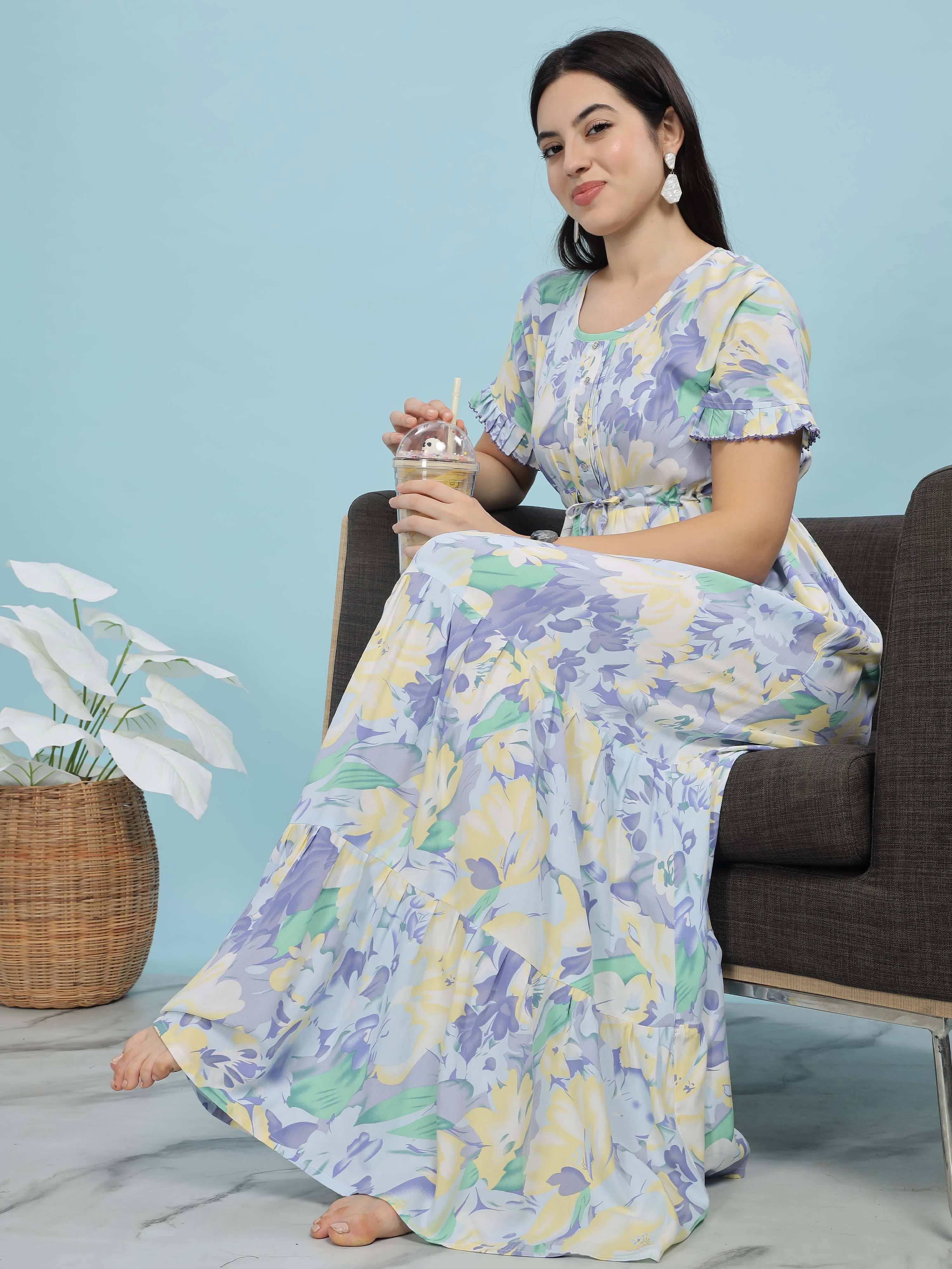 Blue Floral Frock Style Nighty Soft Rayon Comfort