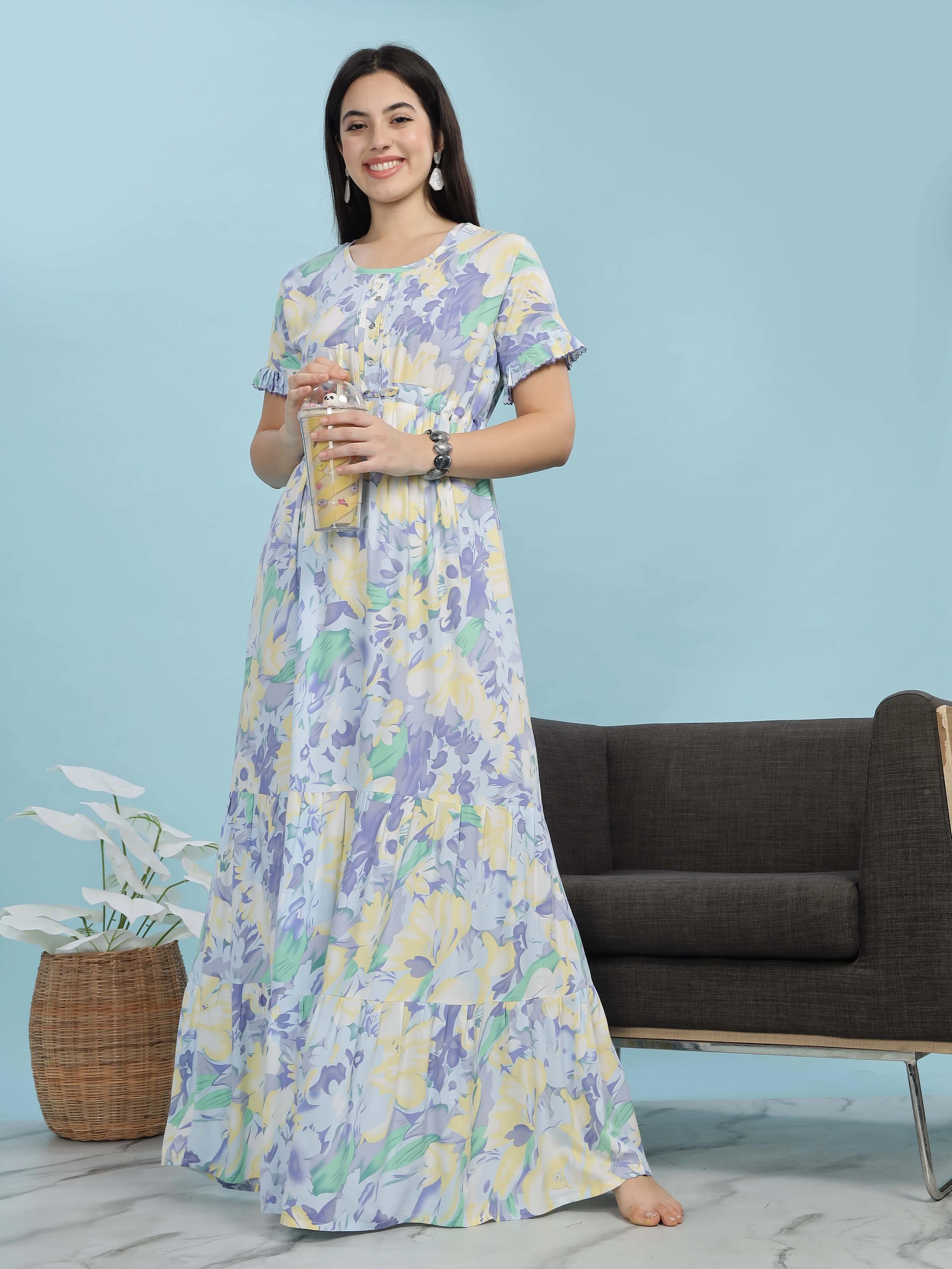 Blue Floral Frock Style Nighty Soft Rayon Comfort