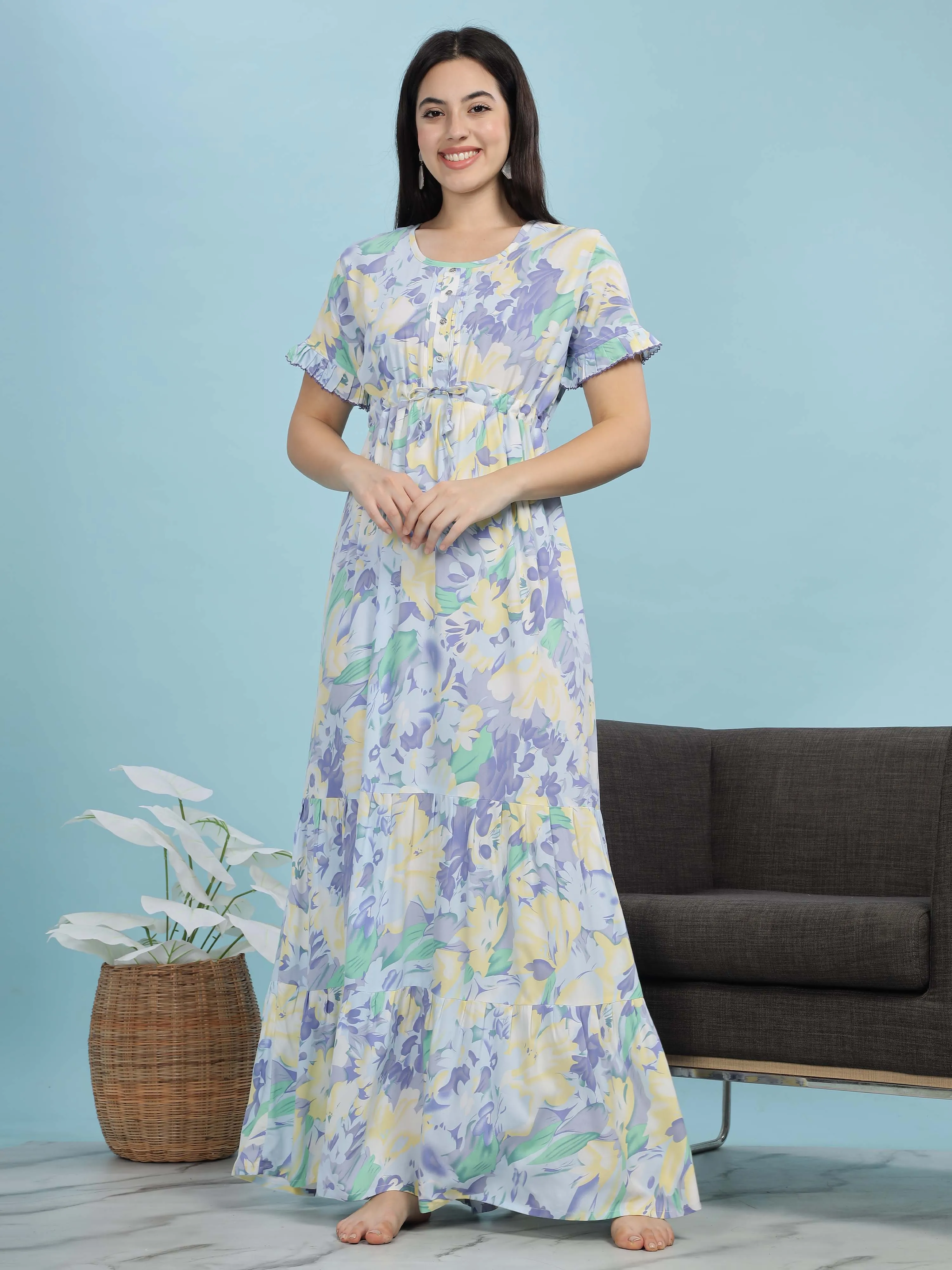 Blue Floral Frock Style Nighty Soft Rayon Comfort