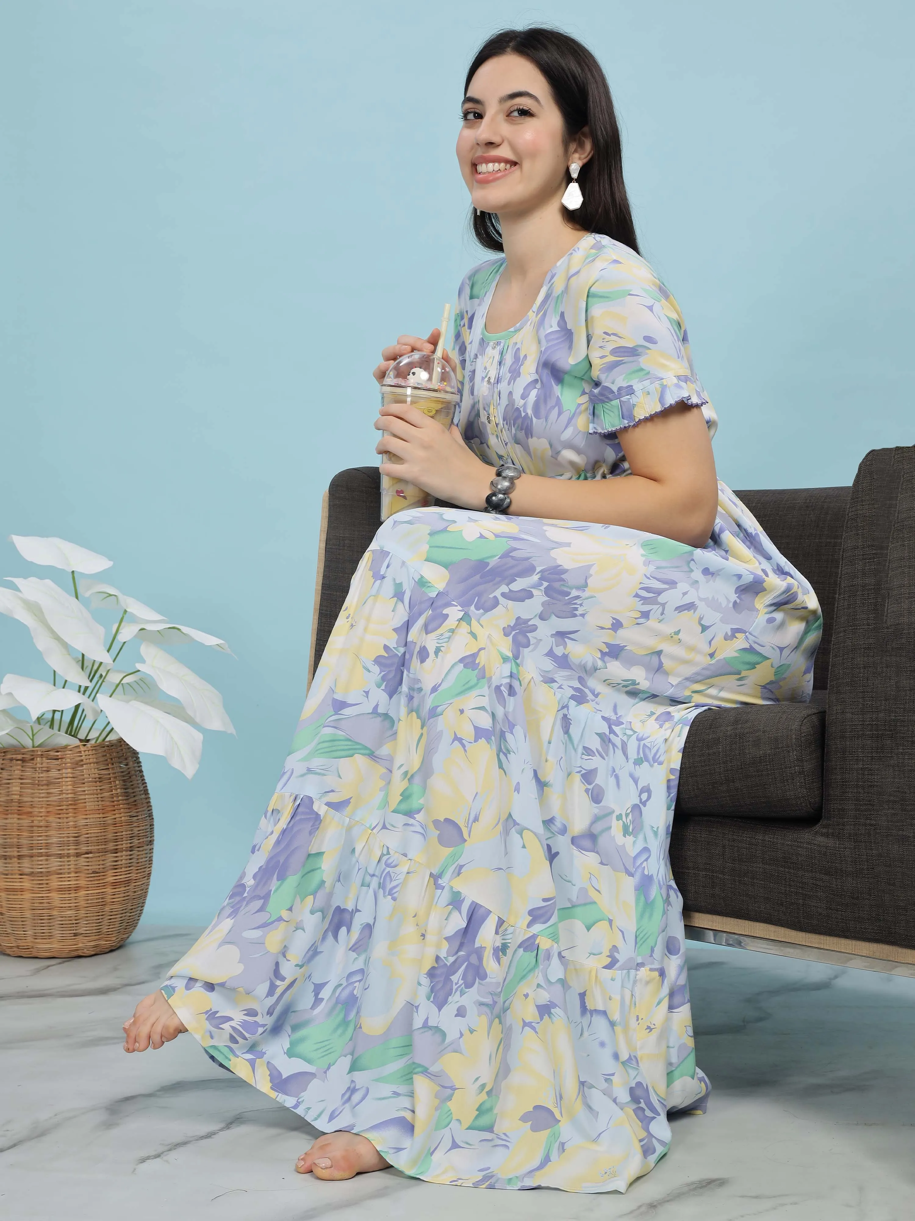 Blue Floral Frock Style Nighty Soft Rayon Comfort