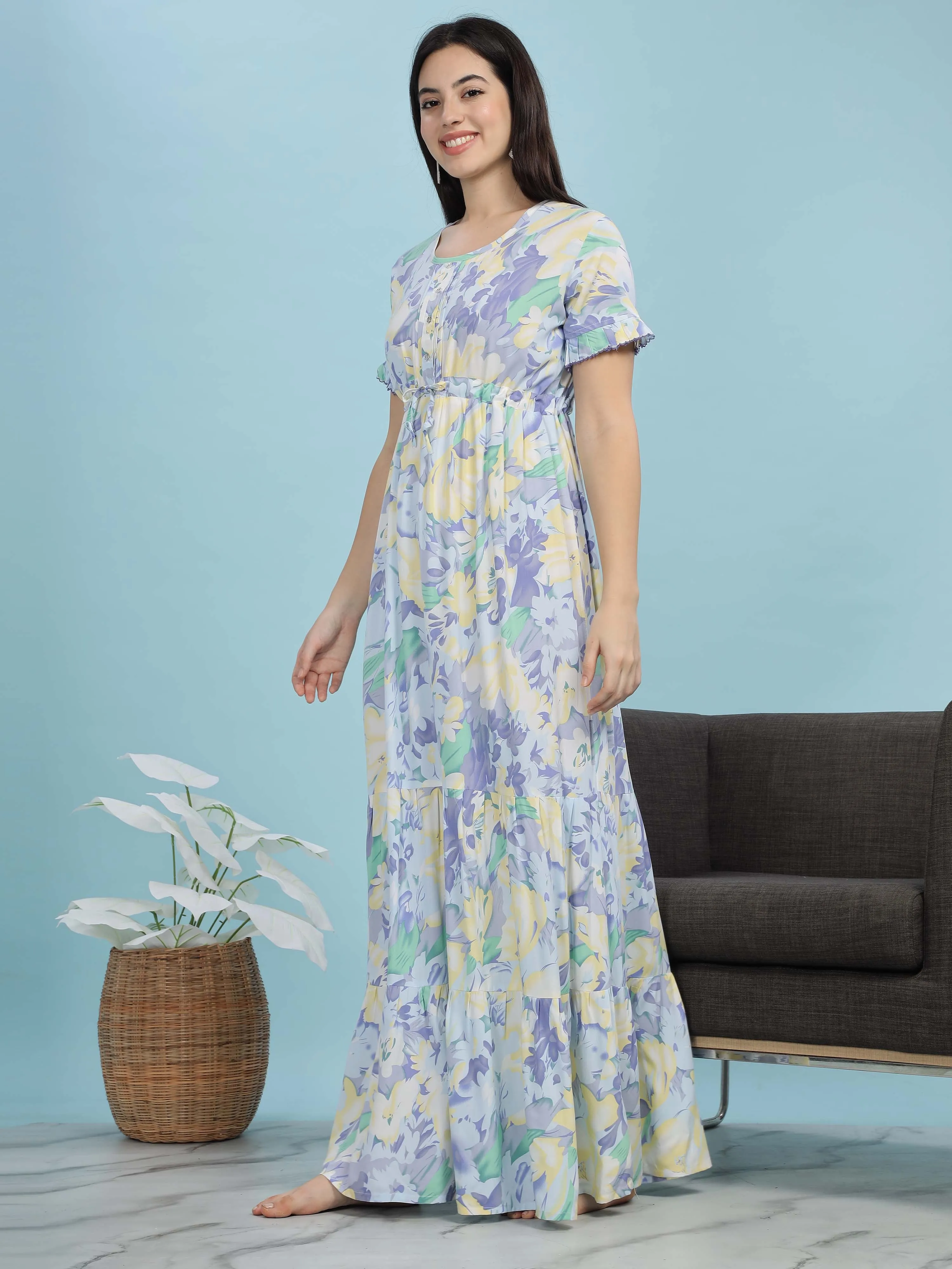 Blue Floral Frock Style Nighty Soft Rayon Comfort