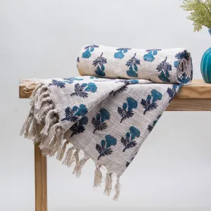 Blue Floral Hand Block Print Couch Throw Blanket