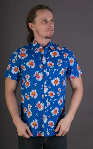 Blue Floral Print Cotton Slim and Regular Fit Mens Shirt Short Sleeve