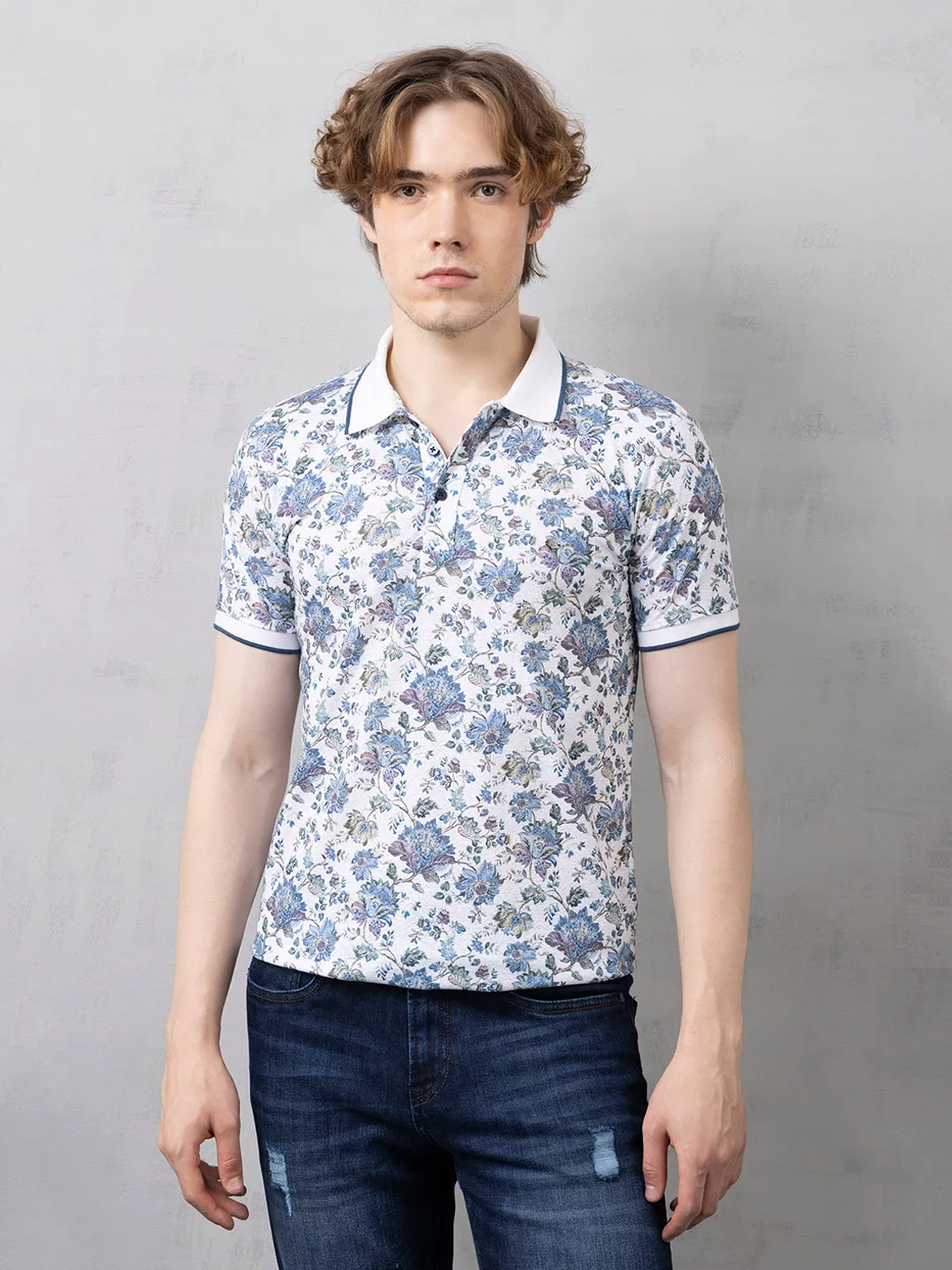 Blue Floral Print Polo