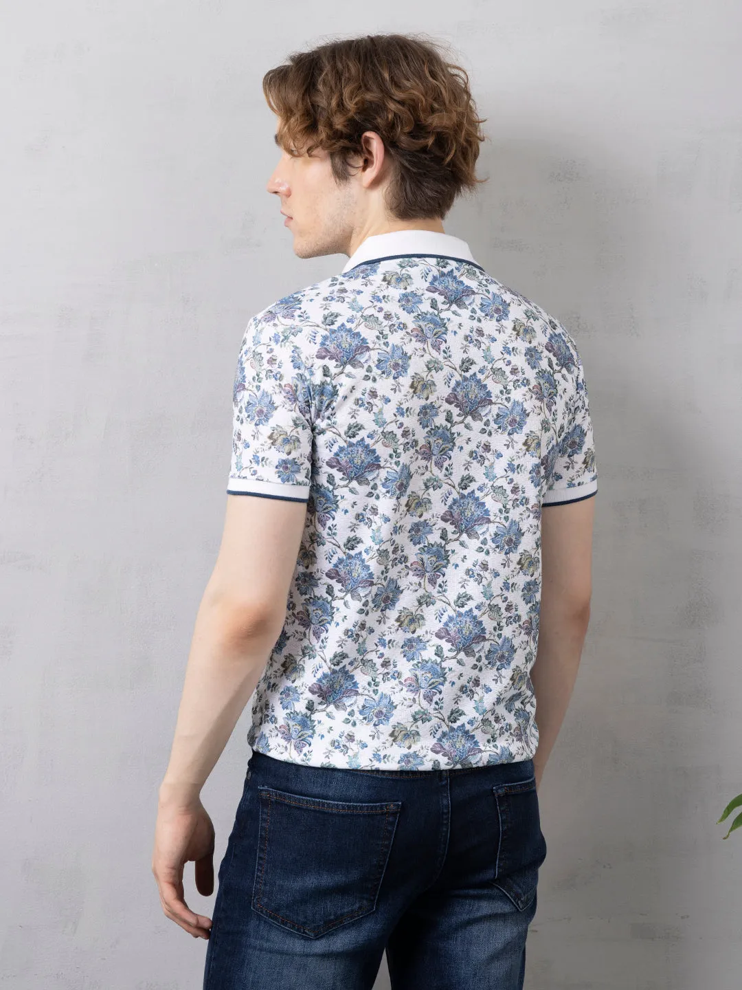 Blue Floral Print Polo