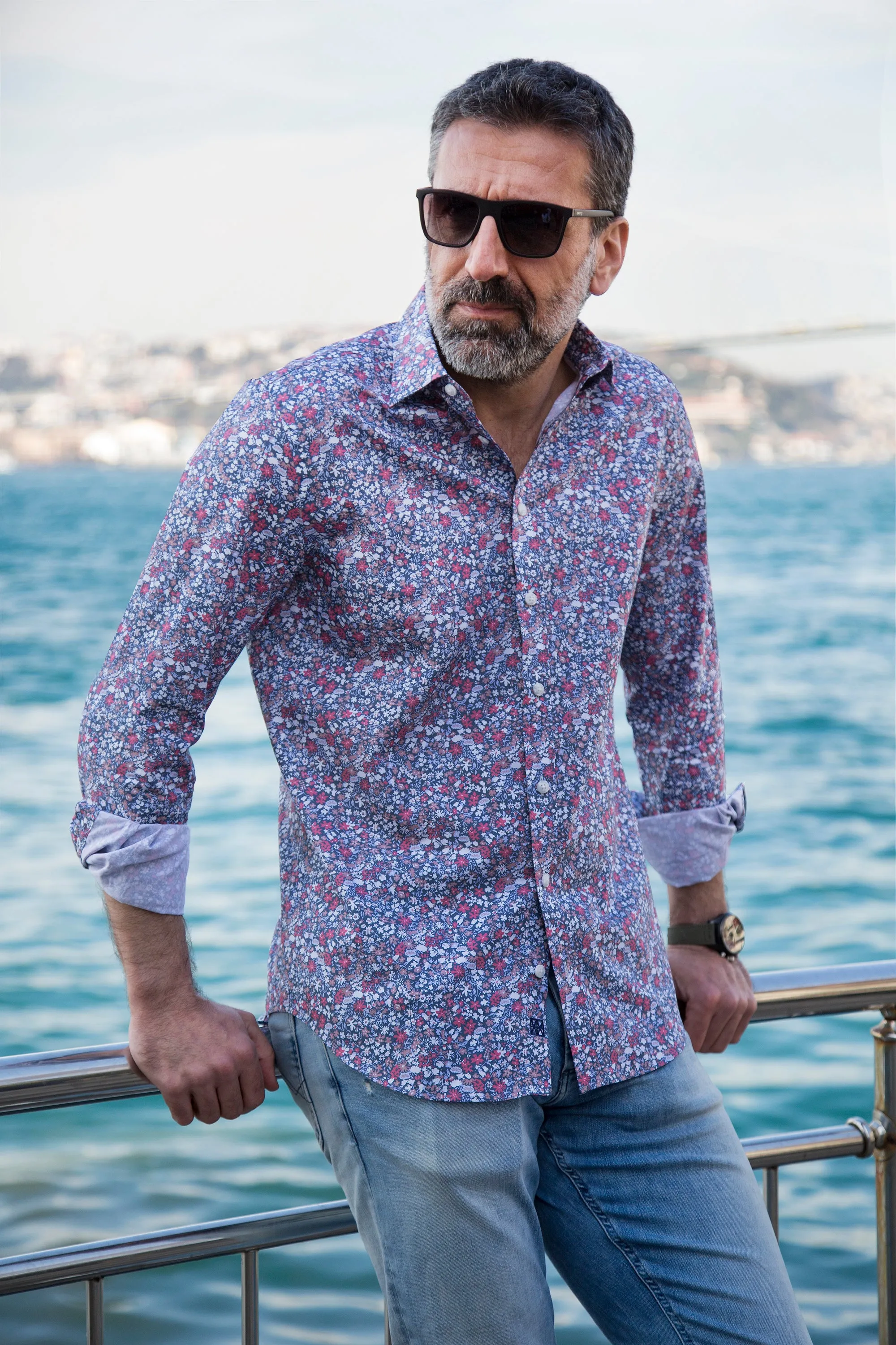 Blue Floral Print Regular Fit Men's Shirt