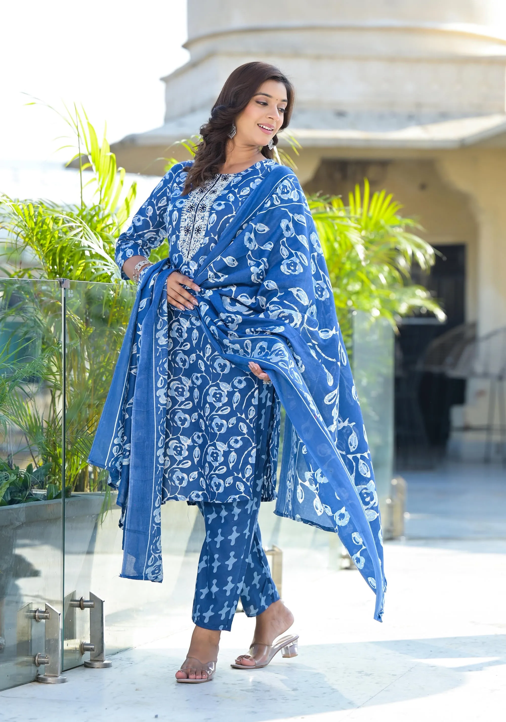 Blue Floral Printed Cotton Kurta Pant And Dupatta Set With Thread Work & Sequins