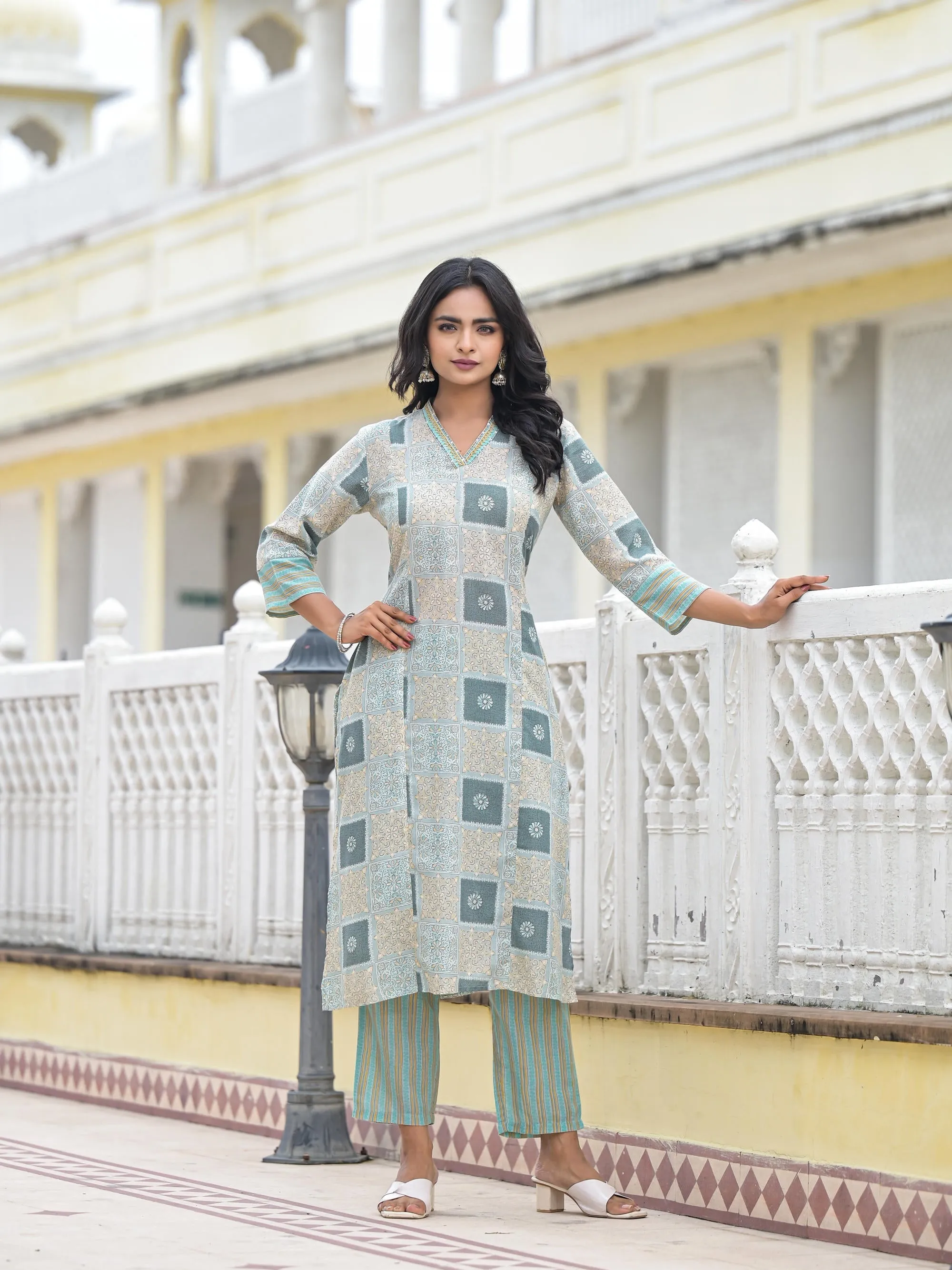 Blue Floral Printed Cotton Kurta Pant With Dupatta Set With Thread Work & Sequins