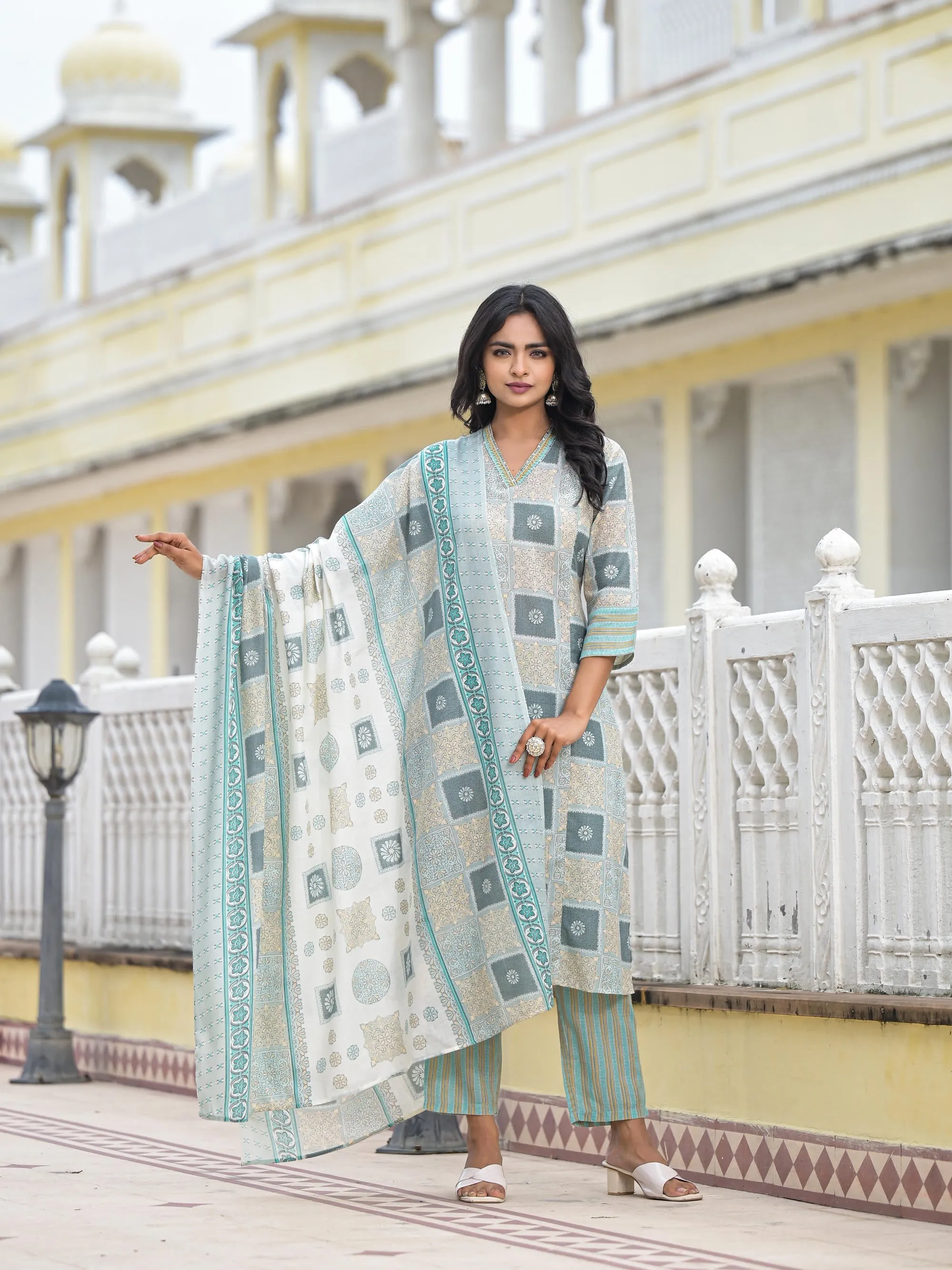 Blue Floral Printed Cotton Kurta Pant With Dupatta Set With Thread Work & Sequins