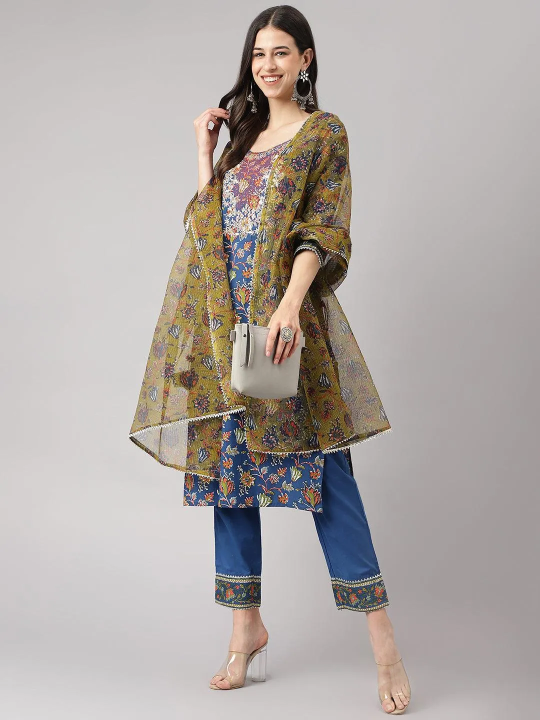 Blue Floral Printed Kurta Pant Set With Dupatta