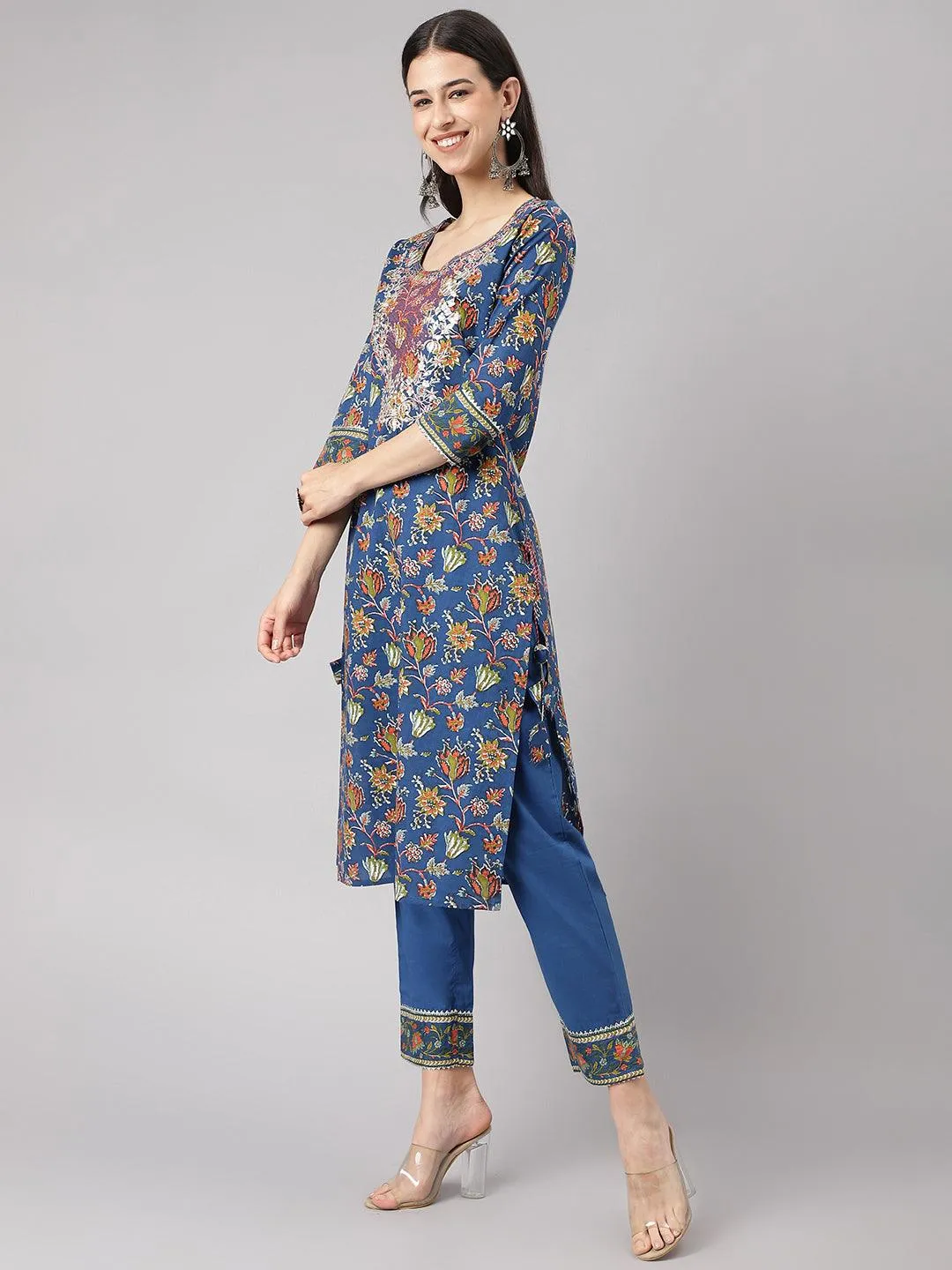 Blue Floral Printed Kurta Pant Set With Dupatta