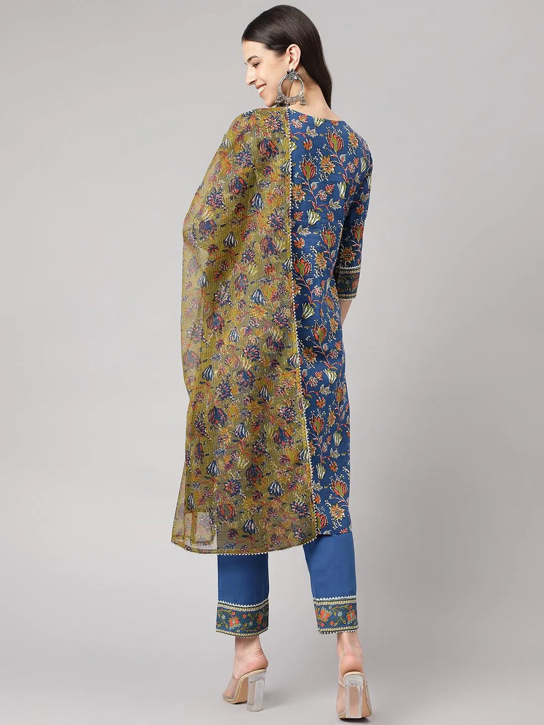 Blue Floral Printed Kurta Pant Set With Dupatta