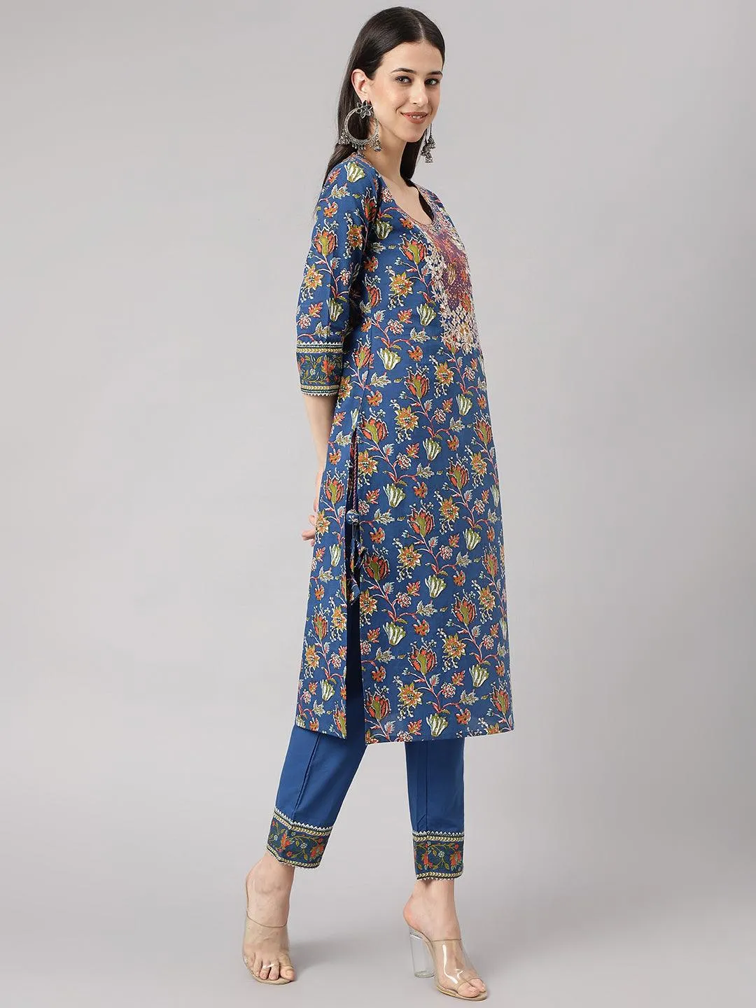 Blue Floral Printed Kurta Pant Set With Dupatta