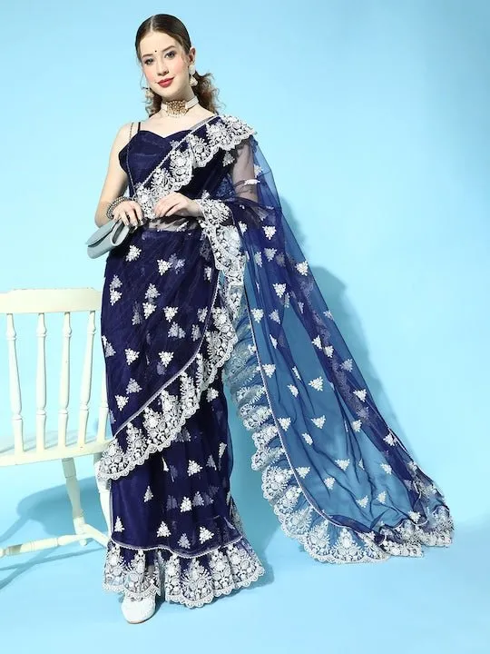 Blue Floral Saree with Embroidered border