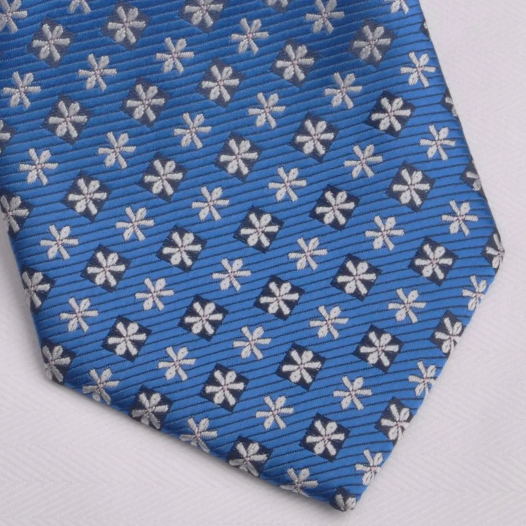 Blue Floral Skinny Woven Tie with Snowflake Daisies Luxury Fashion 3"