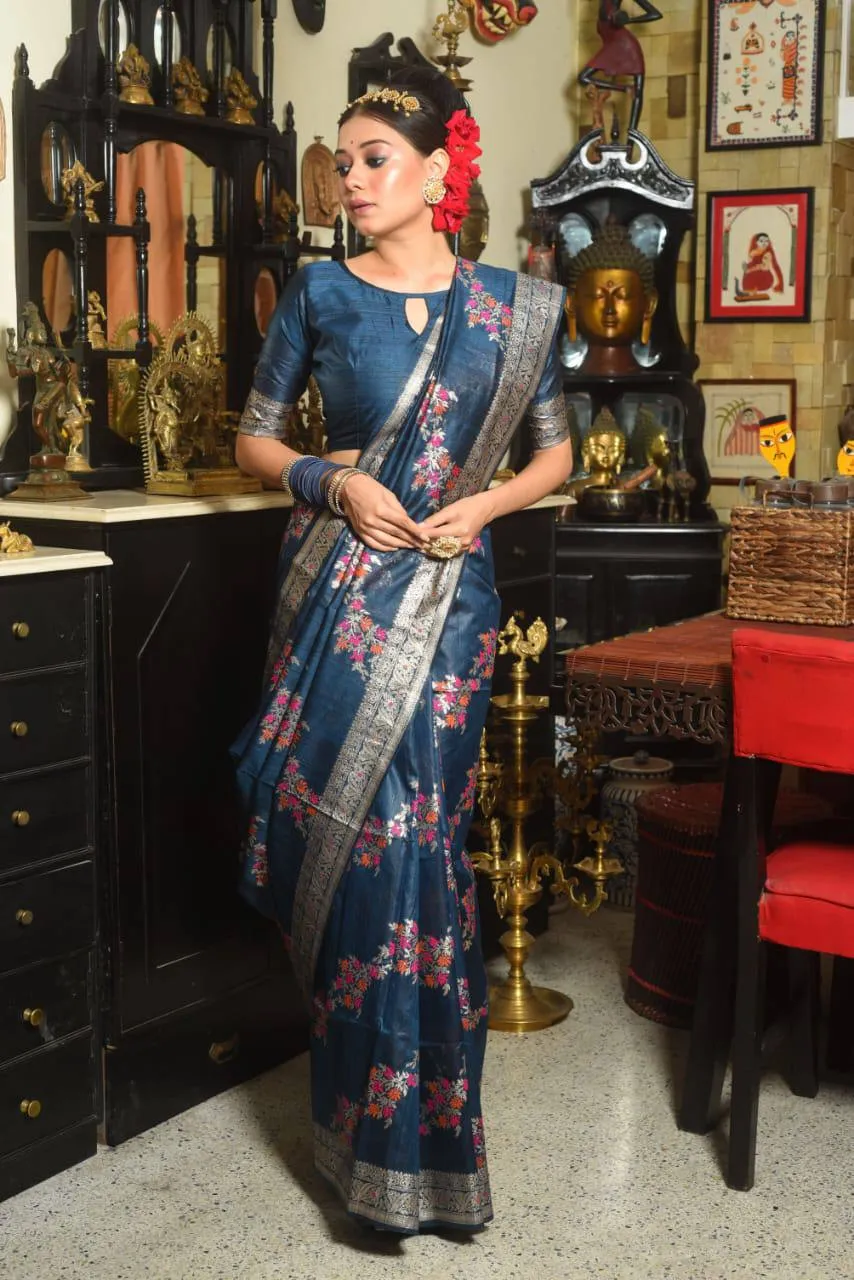 Blue Floral Tusser Silk Zari Border Saree