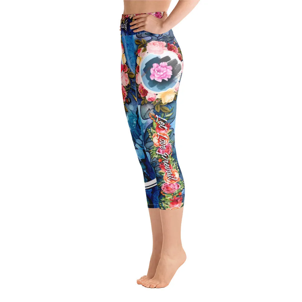 Blue Floral YOGA Capri Leggings Floral Print Capri Leggings Blue Capri Leggings for Yoga, PF