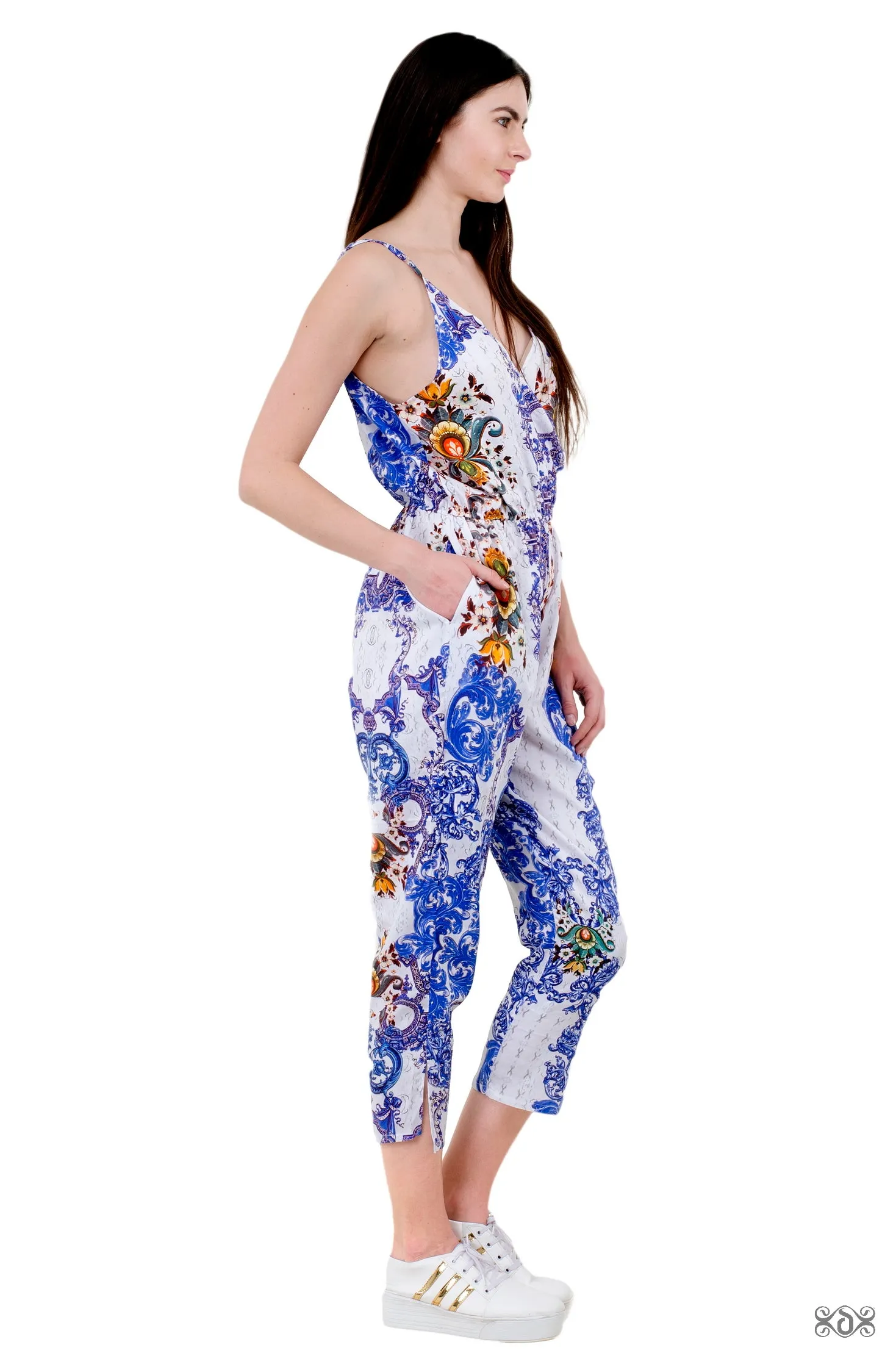 Blue Florals Jumpsuit, Organic Cotton Jumpsuit, Women Jumpsuit, Tapered Jumpsuit with Pocket.