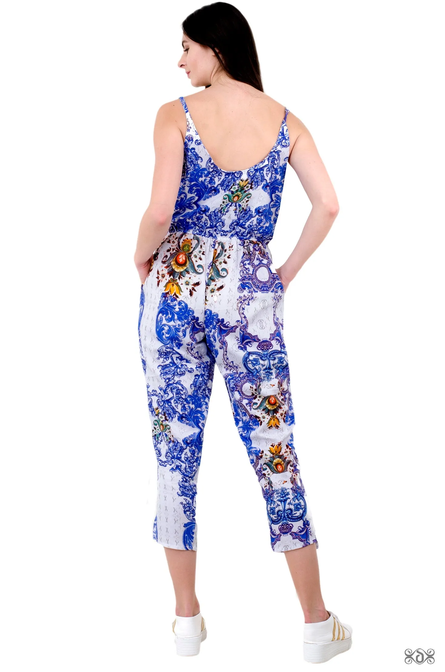 Blue Florals Jumpsuit, Organic Cotton Jumpsuit, Women Jumpsuit, Tapered Jumpsuit with Pocket.