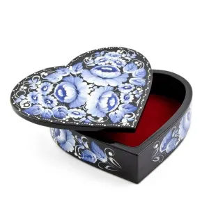 Blue Flowers Heart Shaped Wooden Jewelry Box