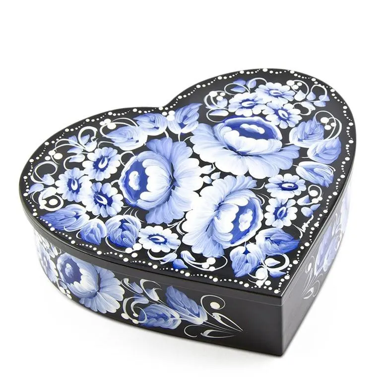 Blue Flowers Heart Shaped Wooden Jewelry Box