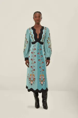 Blue Flowing Beauty Embroidered Long Sleeve Midi Dress