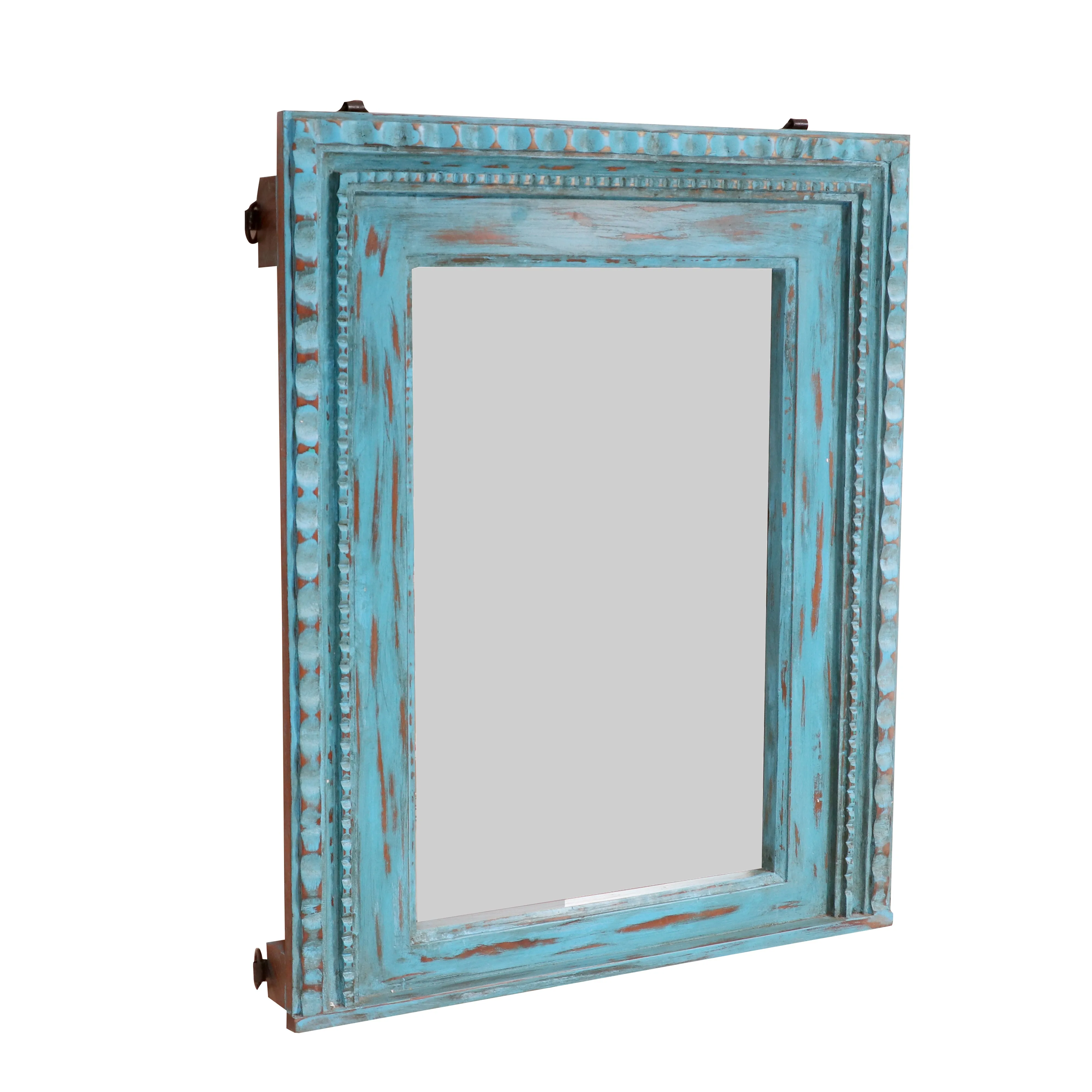 Blue folk beads traditional hand carved solid wooden mirror