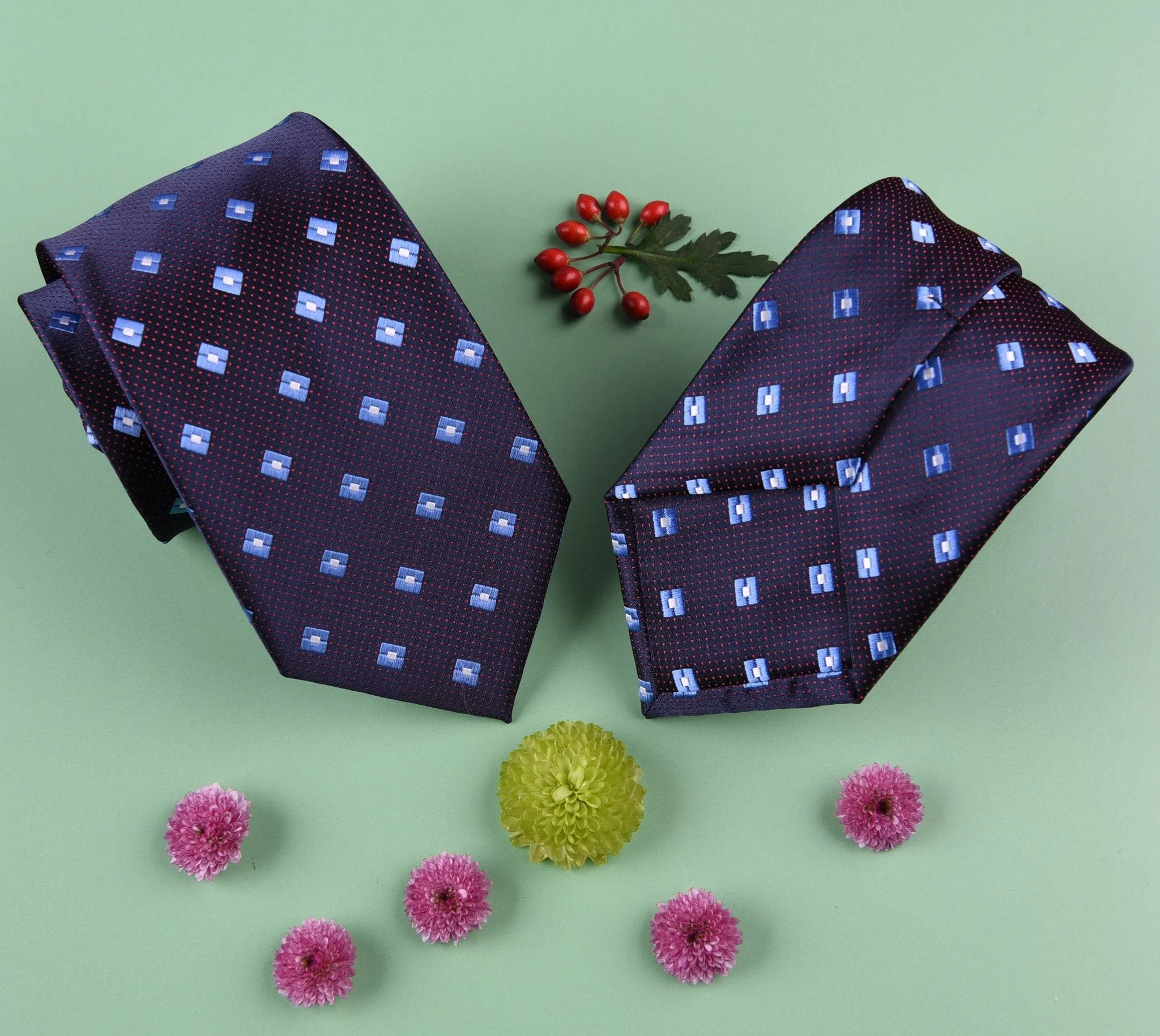 Blue Geometric Diamond Encasing Red Mini Polka Dots Modern Woven Tie 3"