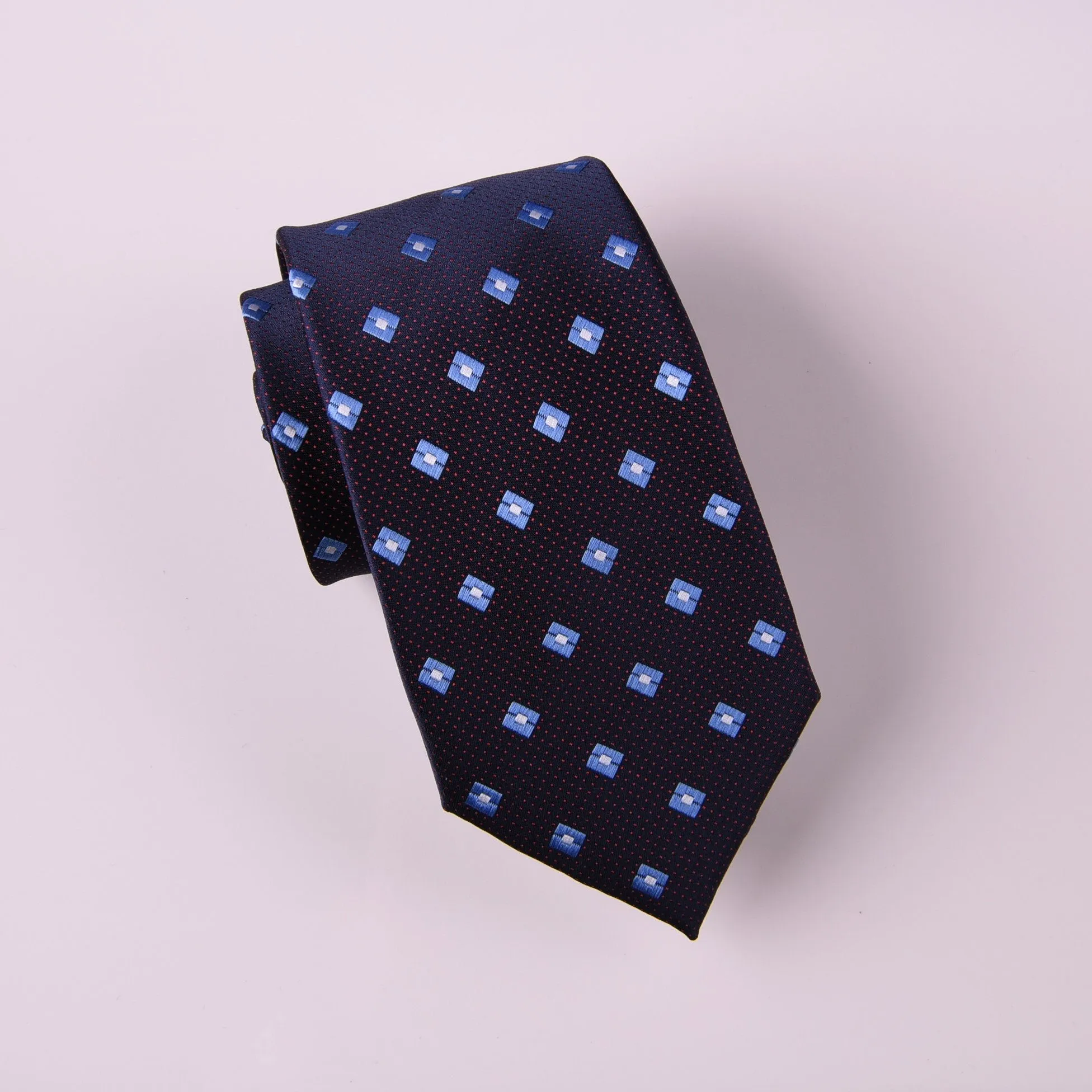 Blue Geometric Diamond Encasing Red Mini Polka Dots Modern Woven Tie 3"