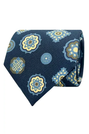 Blue geometric diamonds design hand made silk tie