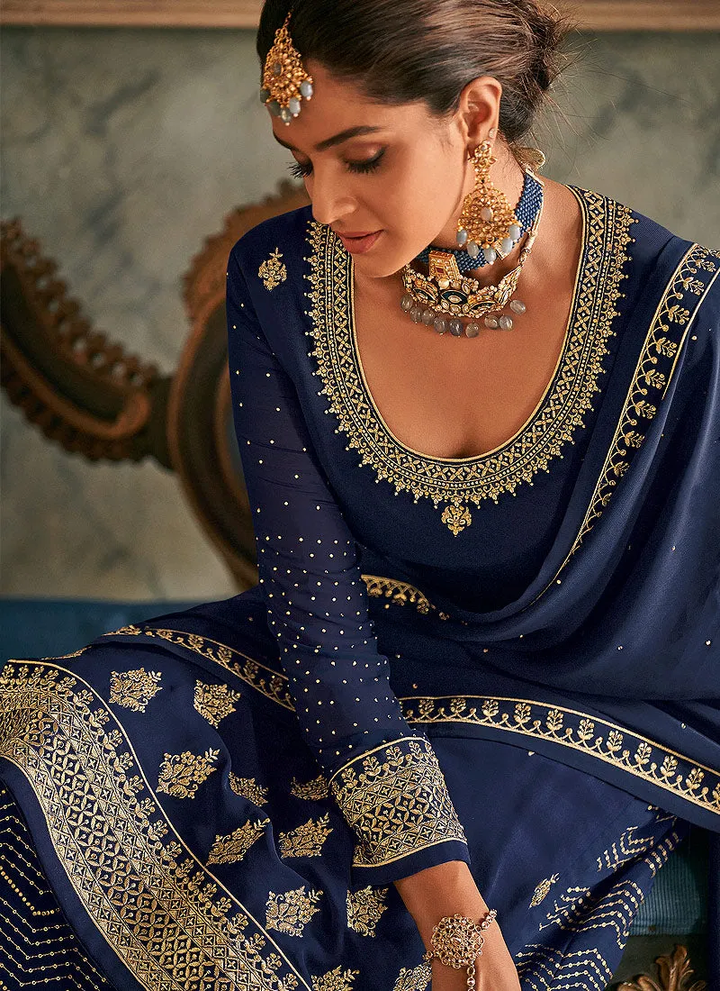 Blue Georgette Embroidered Palazzo Suit