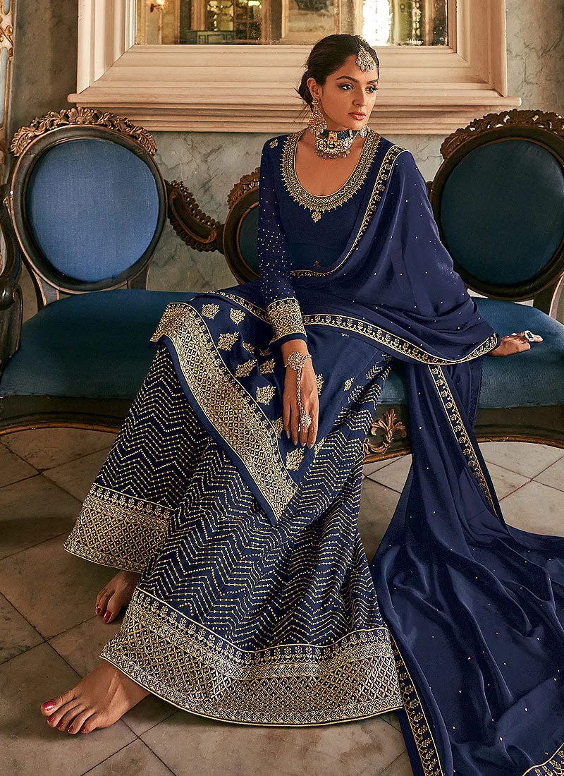 Blue Georgette Embroidered Palazzo Suit