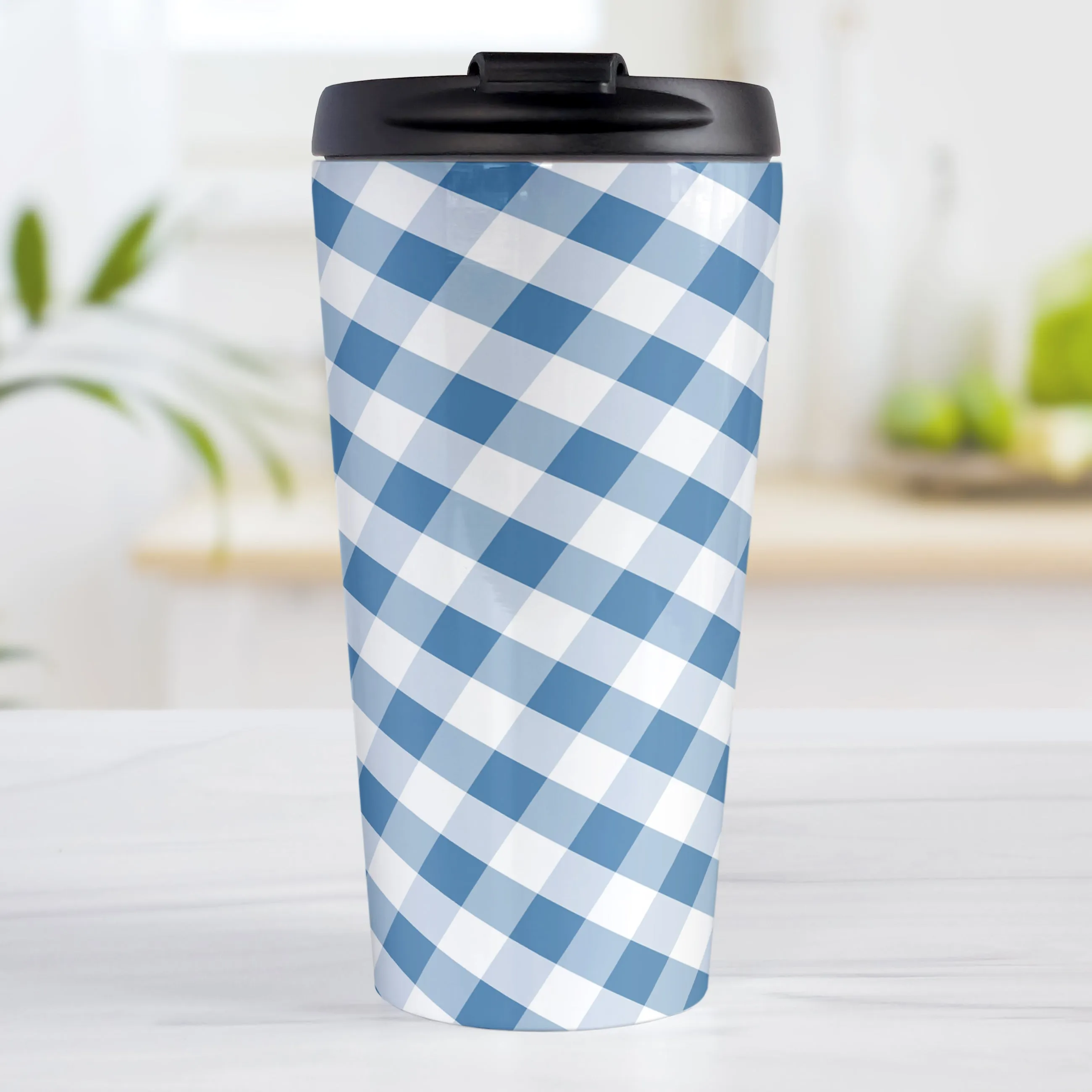 Blue Gingham Travel Mug