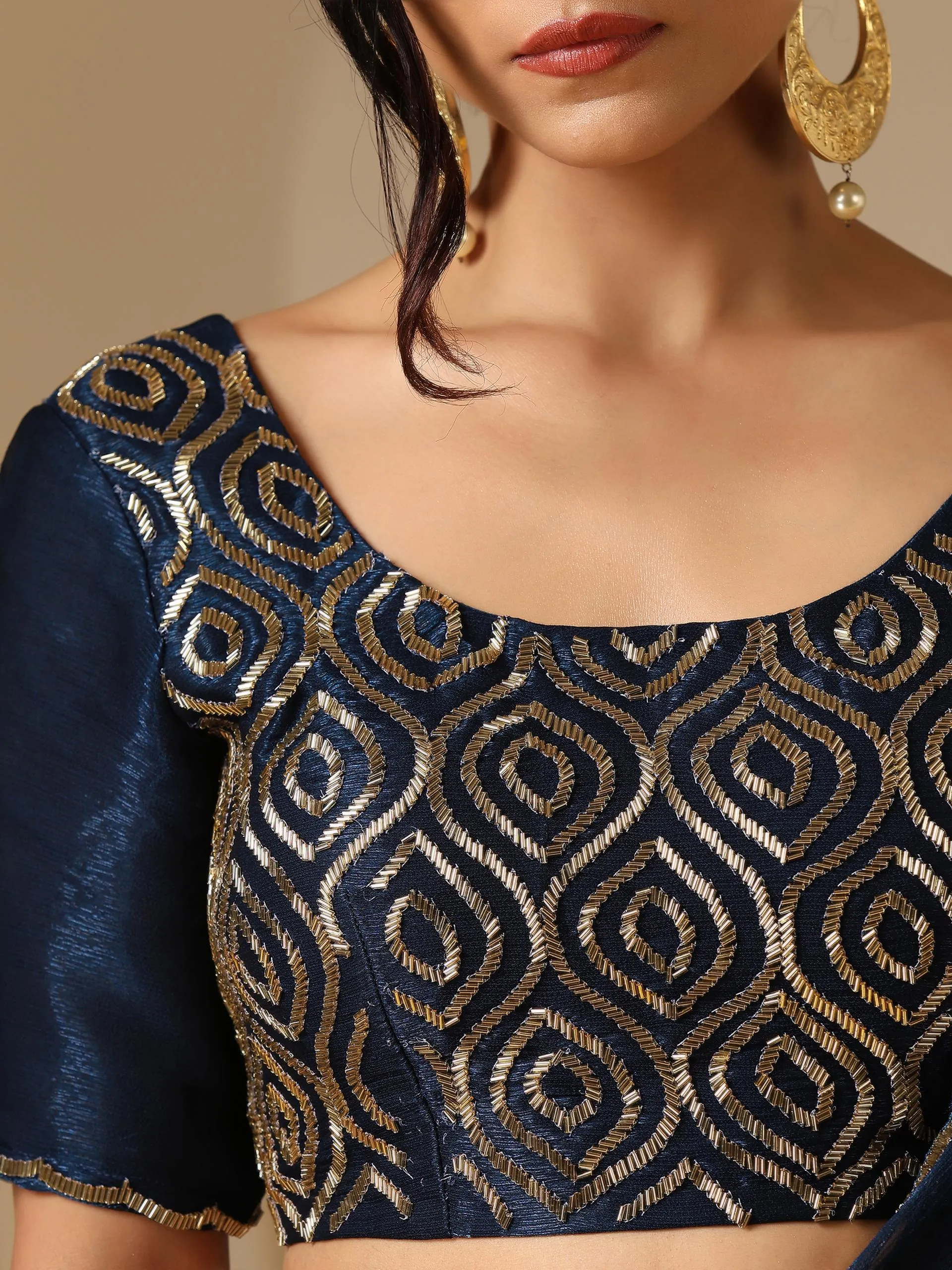 Blue Gold Beaded Radiance Shimmer Chiffon Saree with Beaded Blouse Fabric