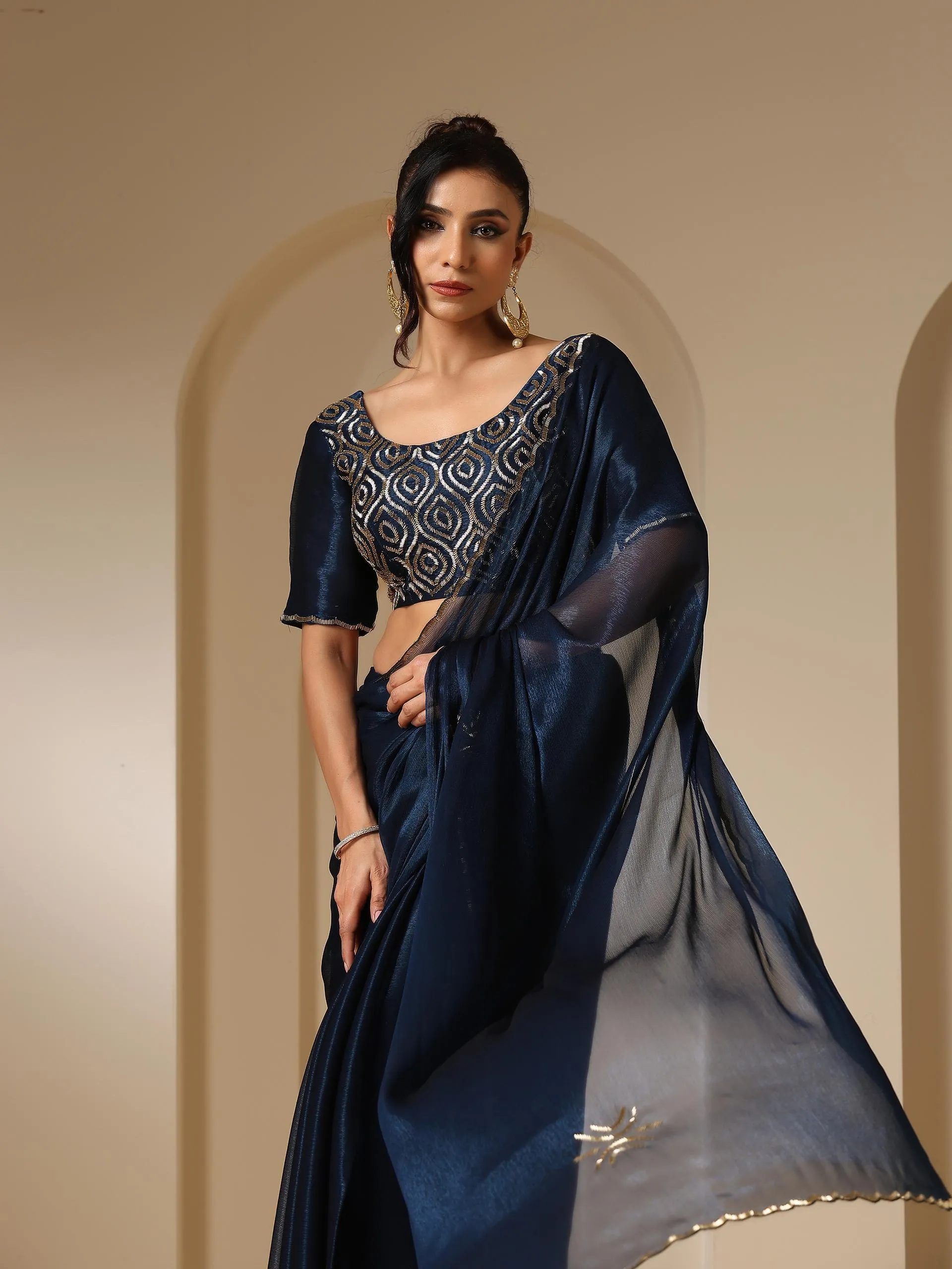 Blue Gold Beaded Radiance Shimmer Chiffon Saree with Beaded Blouse Fabric