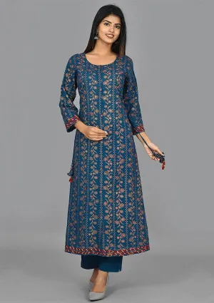 Blue Gold Print Long Kurta Pant Set