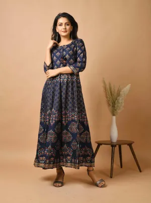 Blue Gold Printed Anarkali Ethnic Gown