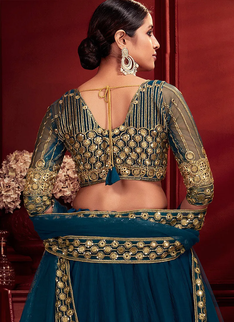 Blue Golden Embroidered Designer Lehenga Choli With Dupatta