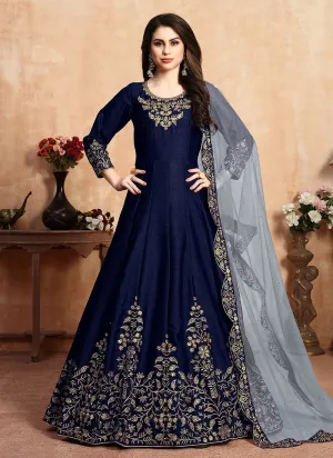 Blue Golden Embroidered Designer Silk Anarkali Suit