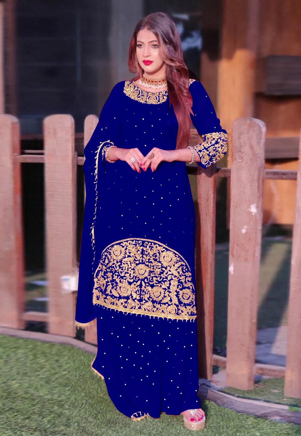 Blue Golden Embroidered Sharara Suit