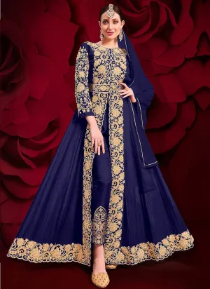 Blue Golden Embroidered Slit Style Anarkali Pant Suit