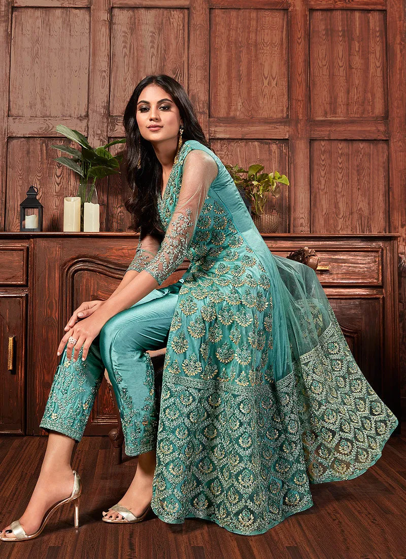 Blue Golden Embroidered Slit Style Anarkali Pants Suit