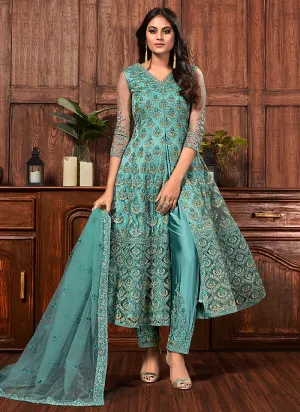 Blue Golden Embroidered Slit Style Anarkali Pants Suit