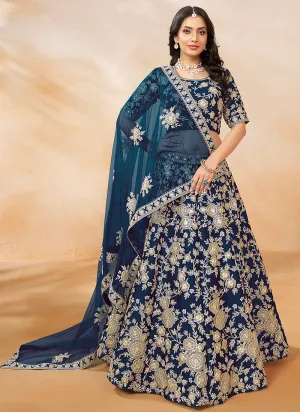 Blue Golden Embroidery Wedding Lehenga Choli