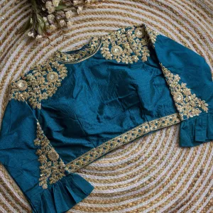 Blue Golden Sequence Embroidered Blouse in glossy silk